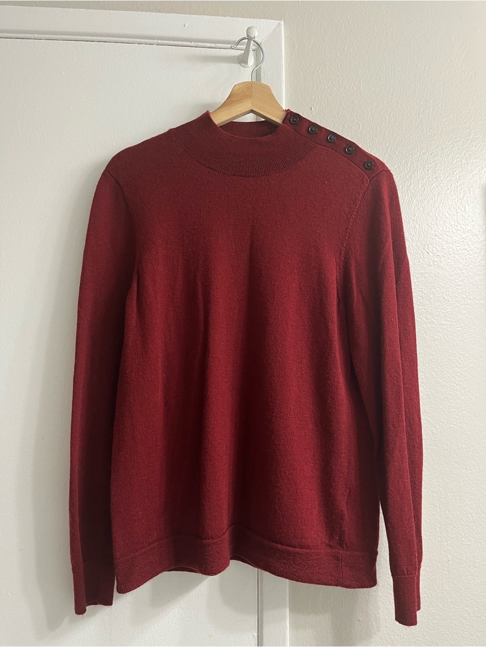 100% wool Charter Club Burgundy Crewneck Sweater with Shoulder Buttons